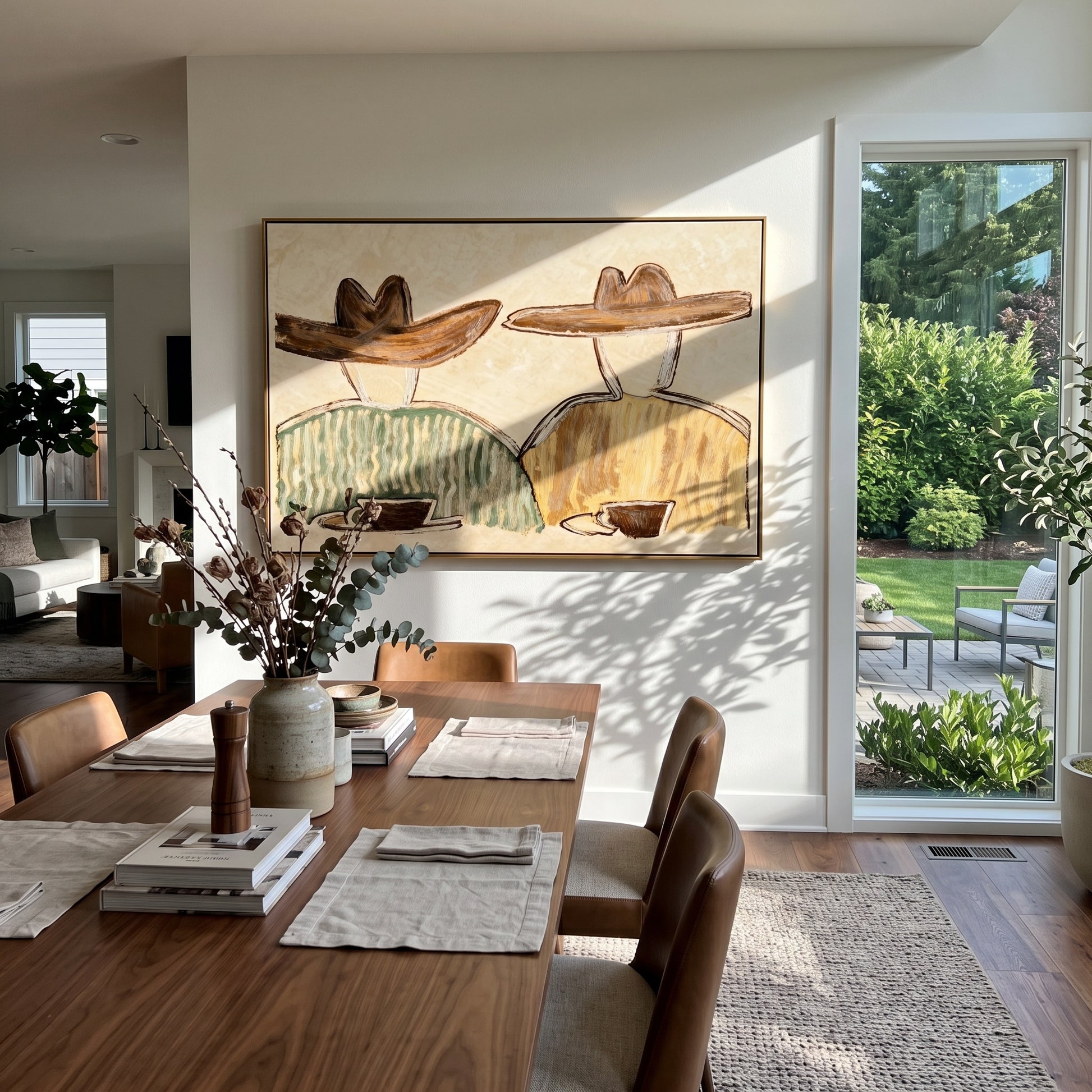 Two Cups Hold Morning - coffee pair figure painting by Elliot Vale, modern figurative horizontal wall art – styled room scene view 2