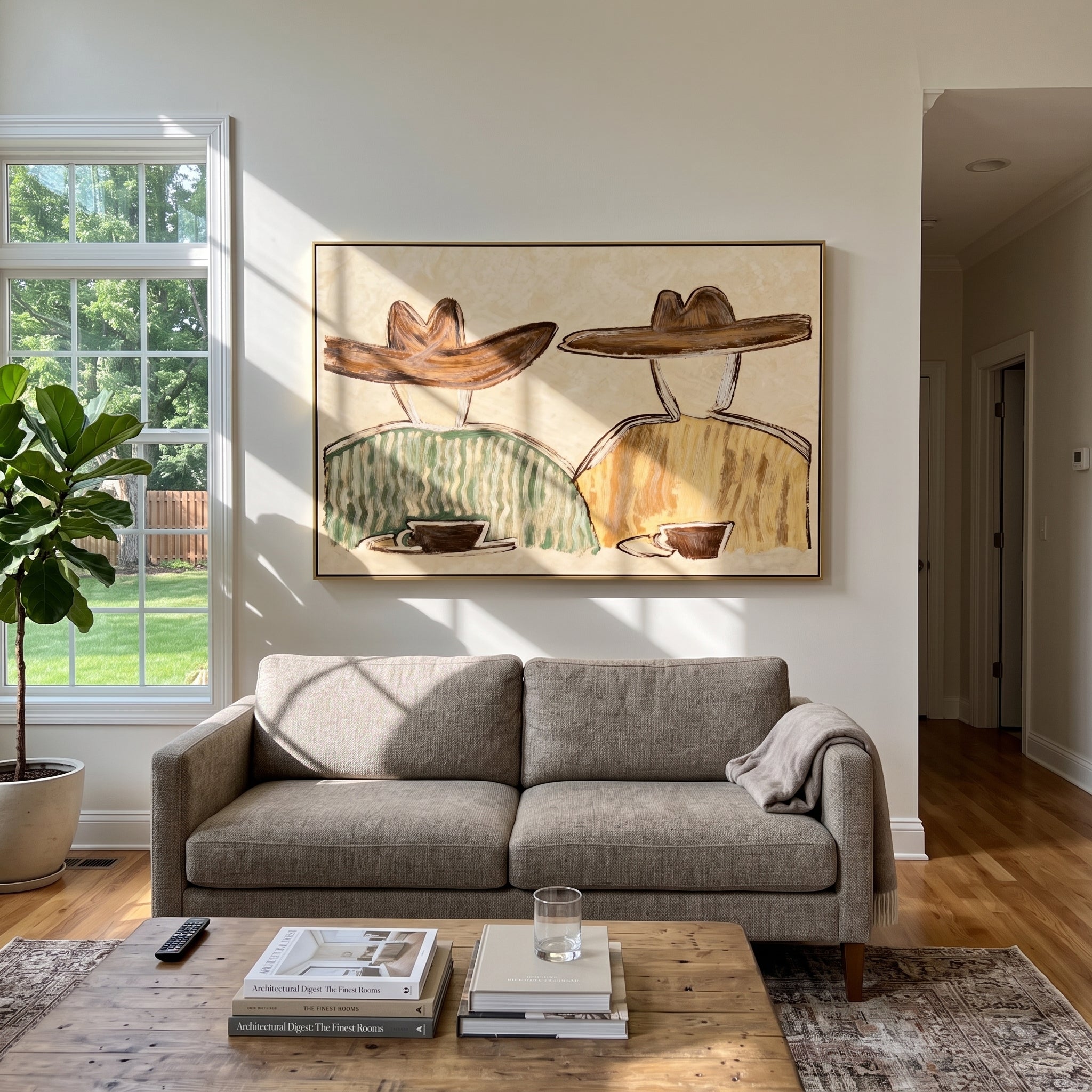 Two Cups Hold Morning - coffee pair figure painting by Elliot Vale, modern figurative horizontal wall art – styled room scene view 4