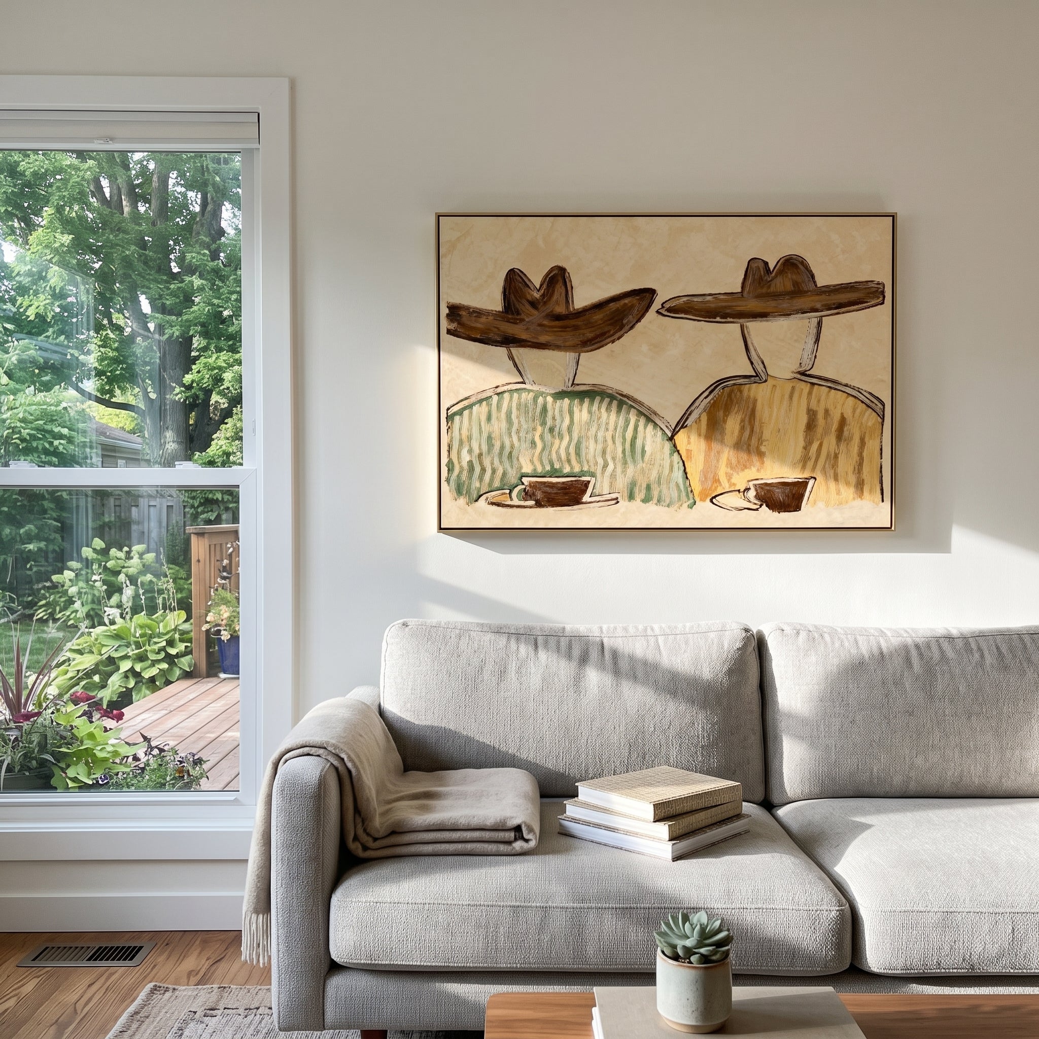 Two Cups Hold Morning - coffee pair figure painting by Elliot Vale, modern figurative horizontal wall art – styled room scene view 5