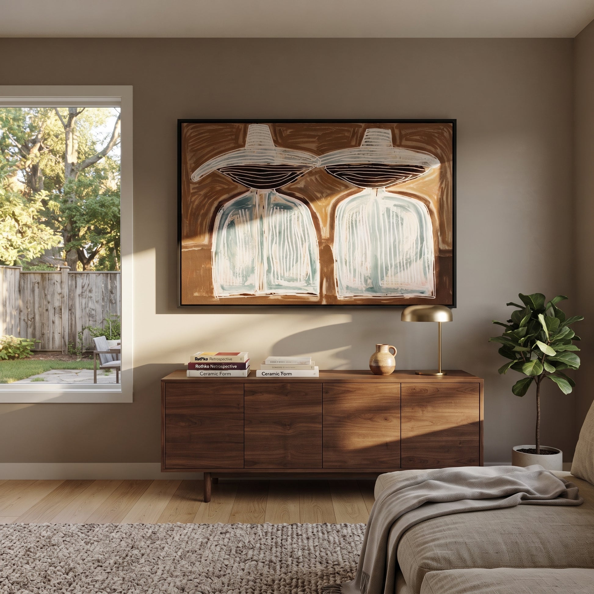 White Hats Float Brown - white hat silhouette pair painting by Elliot Vale, modern figurative horizontal wall art – styled room scene view 1