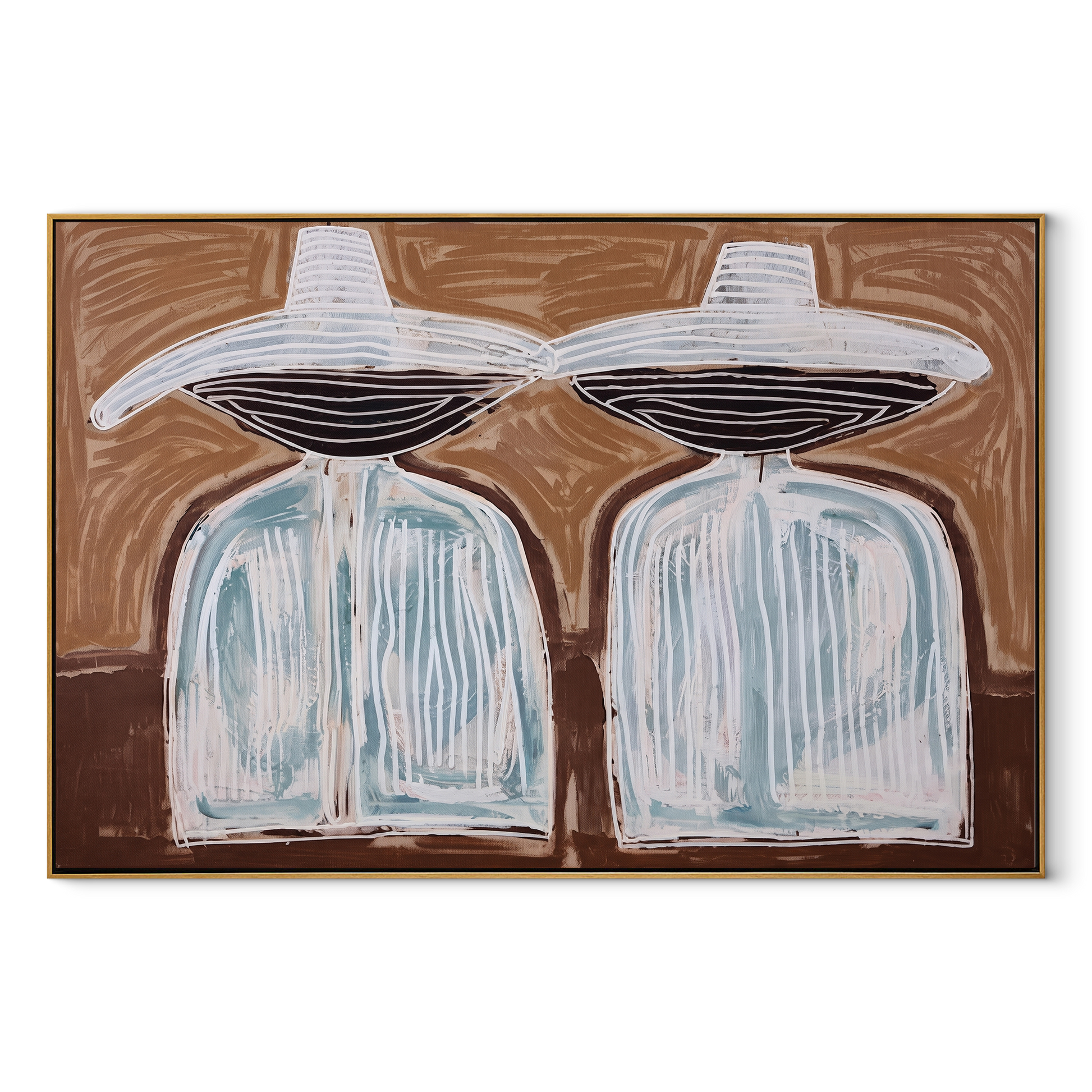 White Hats Float Brown - white hat silhouette pair painting by Elliot Vale, modern figurative horizontal wall art – wood frame on white background