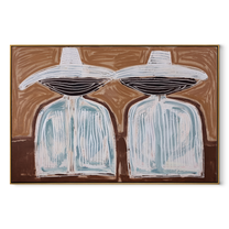 White Hats Float Brown - white hat silhouette pair painting by Elliot Vale, modern figurative horizontal wall art – wood frame on white background