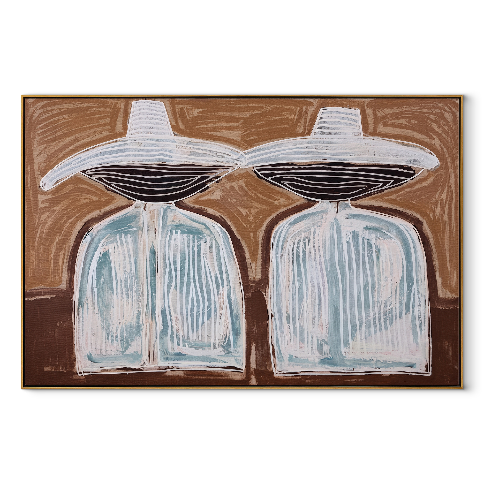 White Hats Float Brown - white hat silhouette pair painting by Elliot Vale, modern figurative horizontal wall art – wood frame on white background