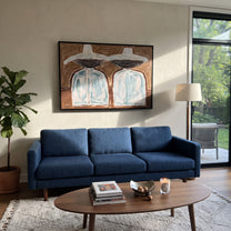 White Hats Float Brown - white hat silhouette pair painting by Elliot Vale, modern figurative horizontal wall art – styled room scene view 2