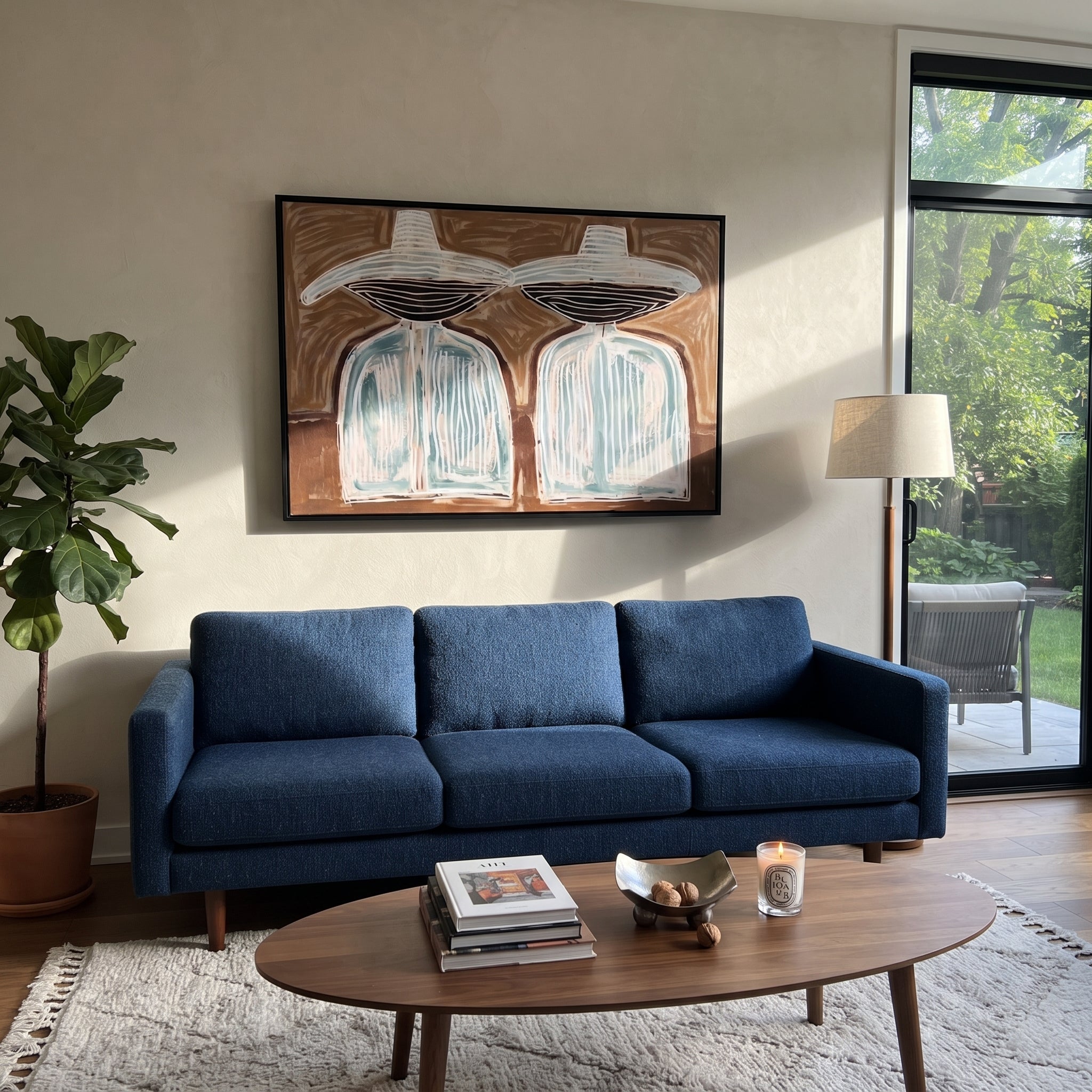 White Hats Float Brown - white hat silhouette pair painting by Elliot Vale, modern figurative horizontal wall art – styled room scene view 2