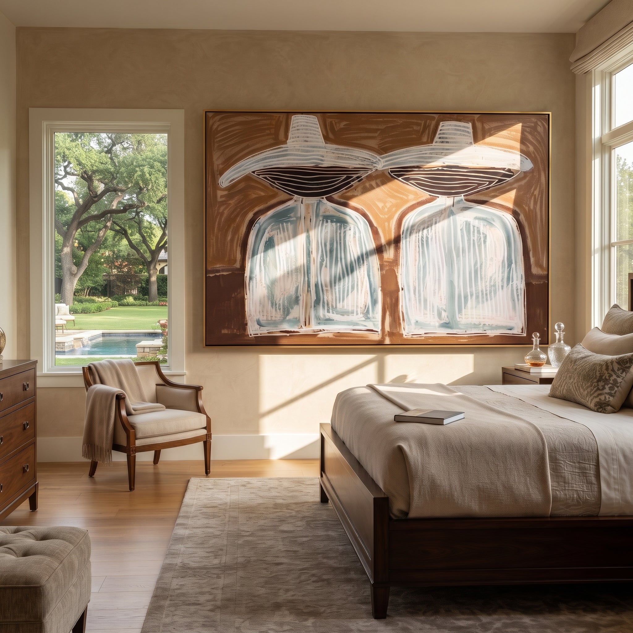 White Hats Float Brown - white hat silhouette pair painting by Elliot Vale, modern figurative horizontal wall art – styled room scene view 3