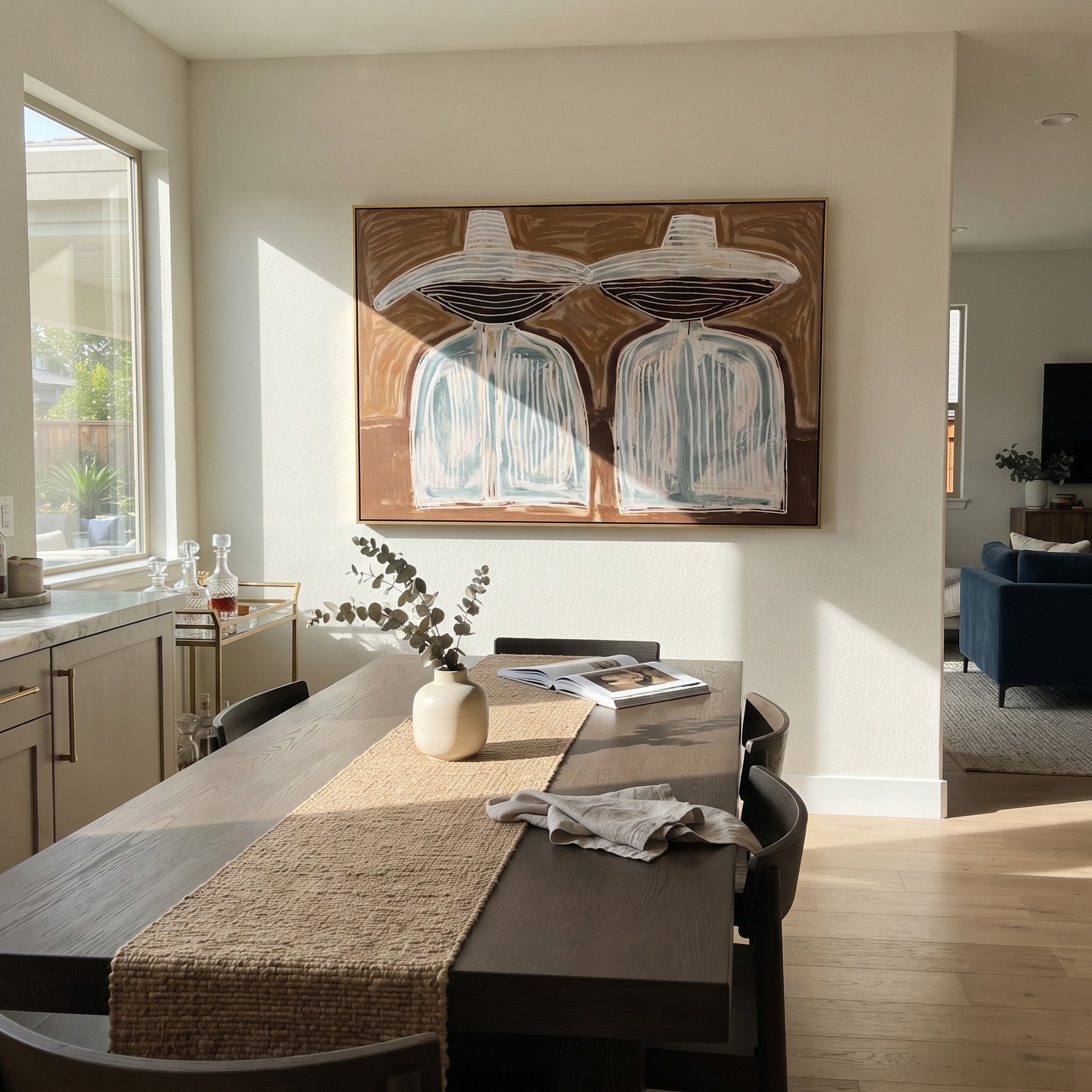 White Hats Float Brown - white hat silhouette pair painting by Elliot Vale, modern figurative horizontal wall art – styled room scene view 4