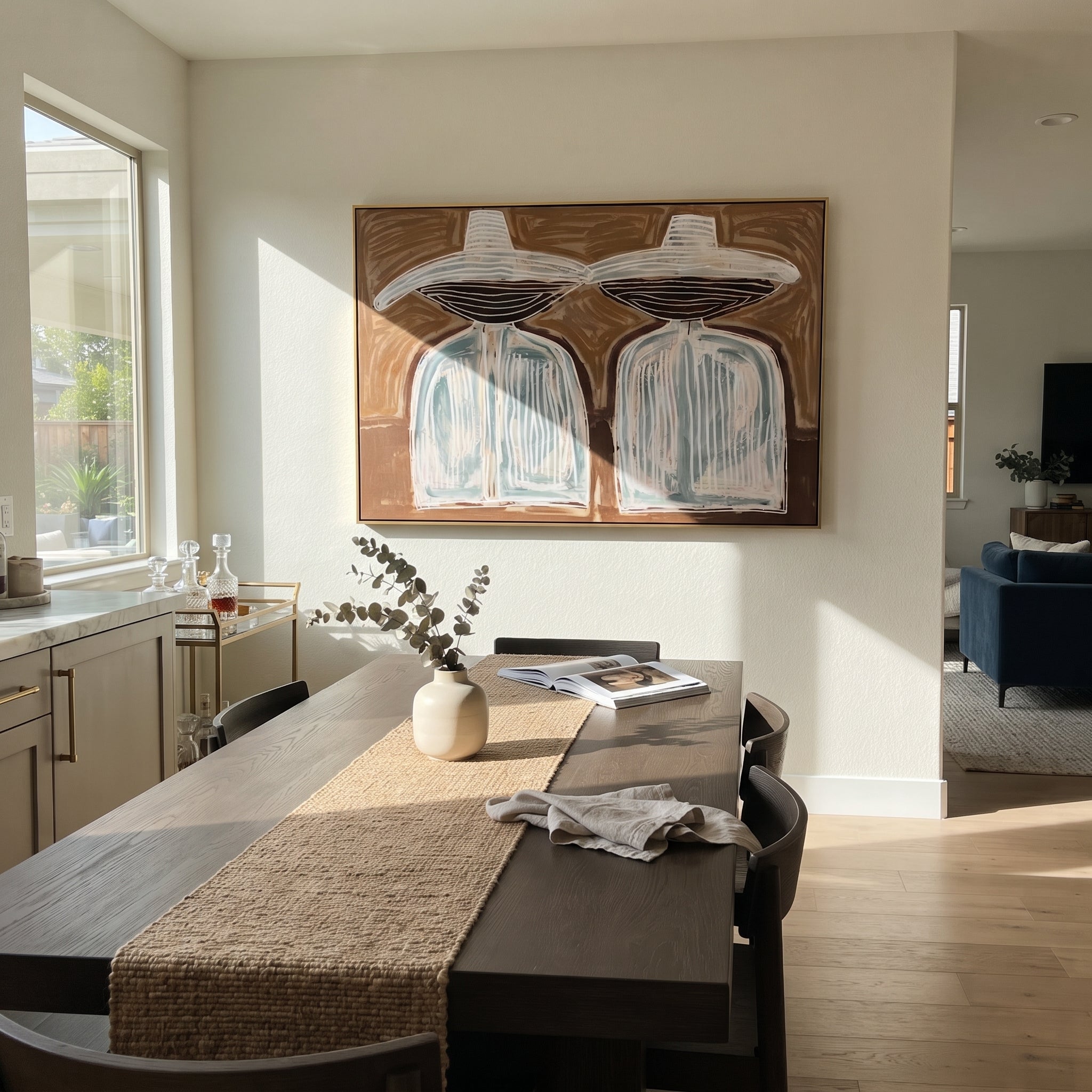 White Hats Float Brown - white hat silhouette pair painting by Elliot Vale, modern figurative horizontal wall art – styled room scene view 4