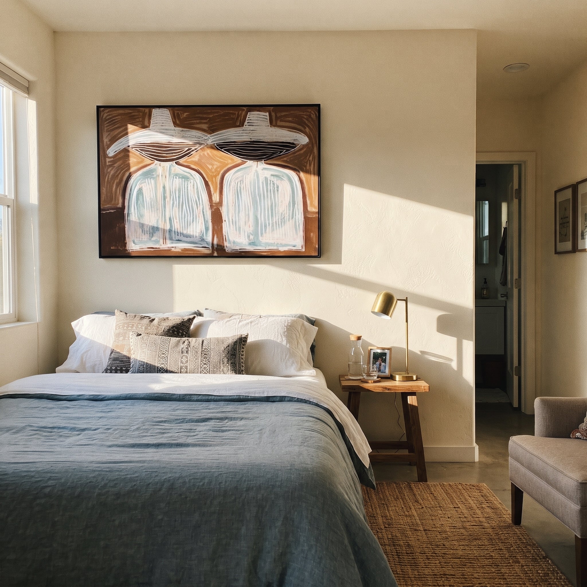 White Hats Float Brown - white hat silhouette pair painting by Elliot Vale, modern figurative horizontal wall art – styled room scene view 5
