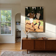 Two Runners Break Distance - two runners track painting by Elliot Vale, modern figurative vertical wall art – styled room scene view 1