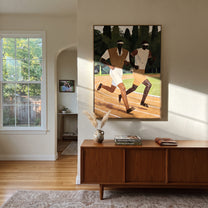 Two Runners Break Distance - two runners track painting by Elliot Vale, modern figurative vertical wall art – styled room scene view 1
