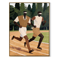 Two Runners Break Distance - two runners track painting by Elliot Vale, modern figurative vertical wall art – wood frame on white background
