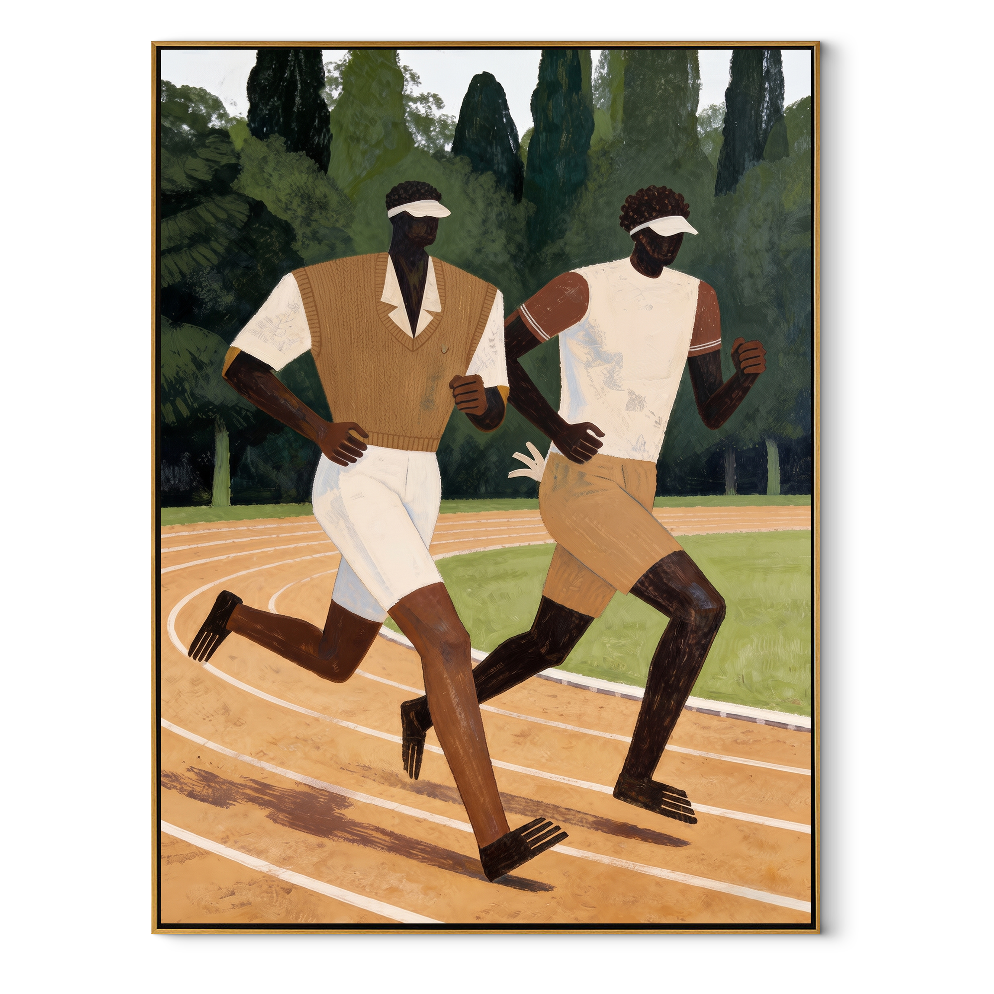 Two Runners Break Distance - two runners track painting by Elliot Vale, modern figurative vertical wall art – wood frame on white background