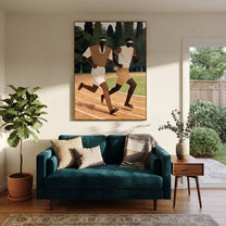 Two Runners Break Distance - two runners track painting by Elliot Vale, modern figurative vertical wall art – styled room scene view 2
