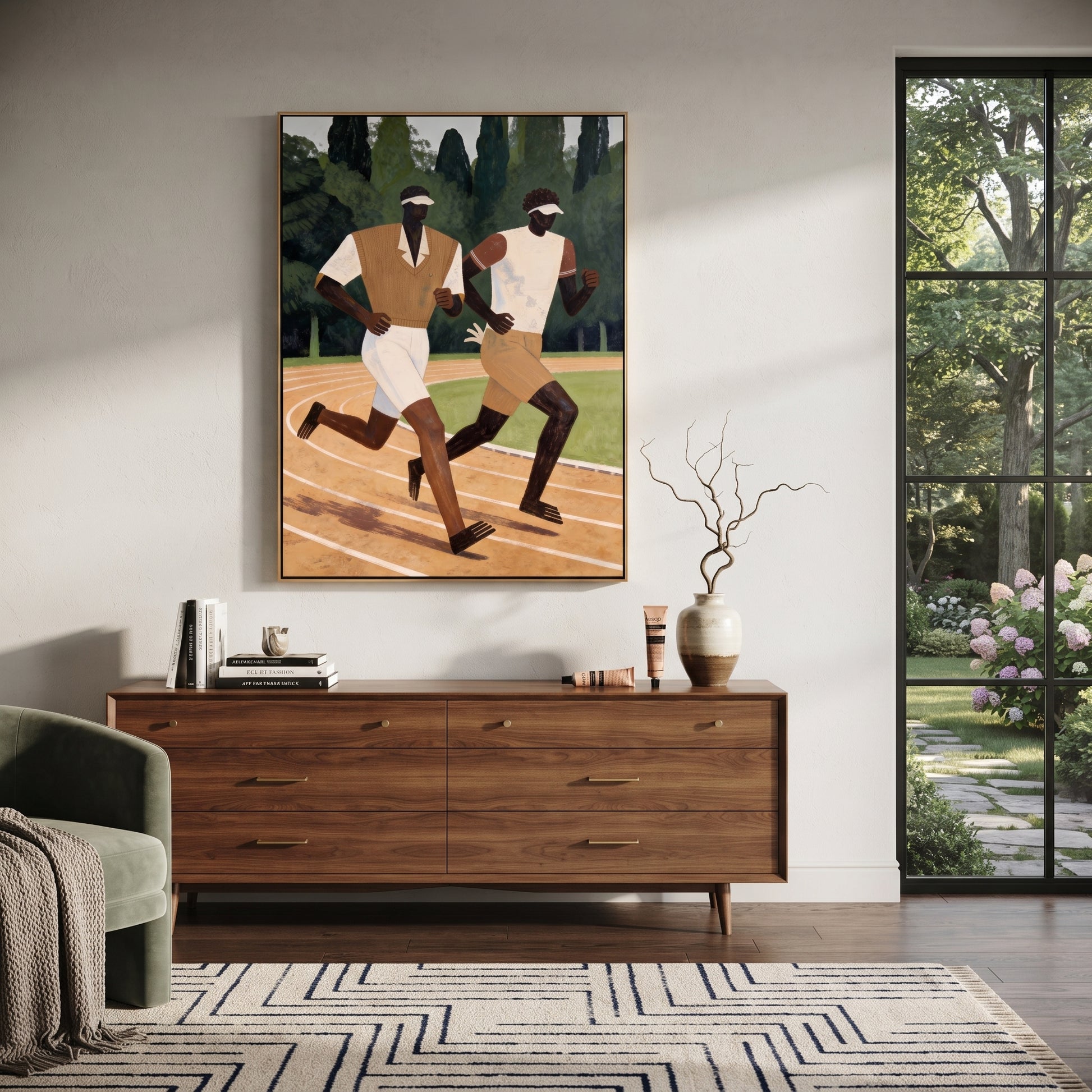 Two Runners Break Distance - two runners track painting by Elliot Vale, modern figurative vertical wall art – styled room scene view 3