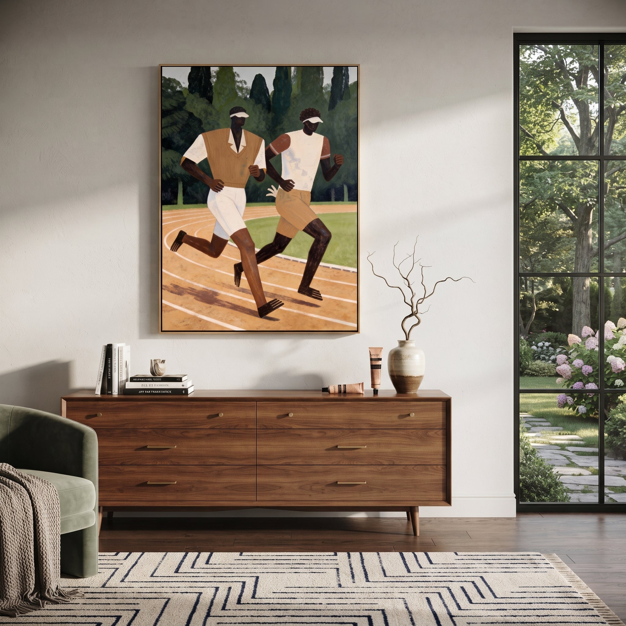 Two Runners Break Distance - two runners track painting by Elliot Vale, modern figurative vertical wall art – styled room scene view 3