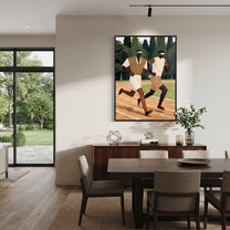 Two Runners Break Distance - two runners track painting by Elliot Vale, modern figurative vertical wall art – styled room scene view 4