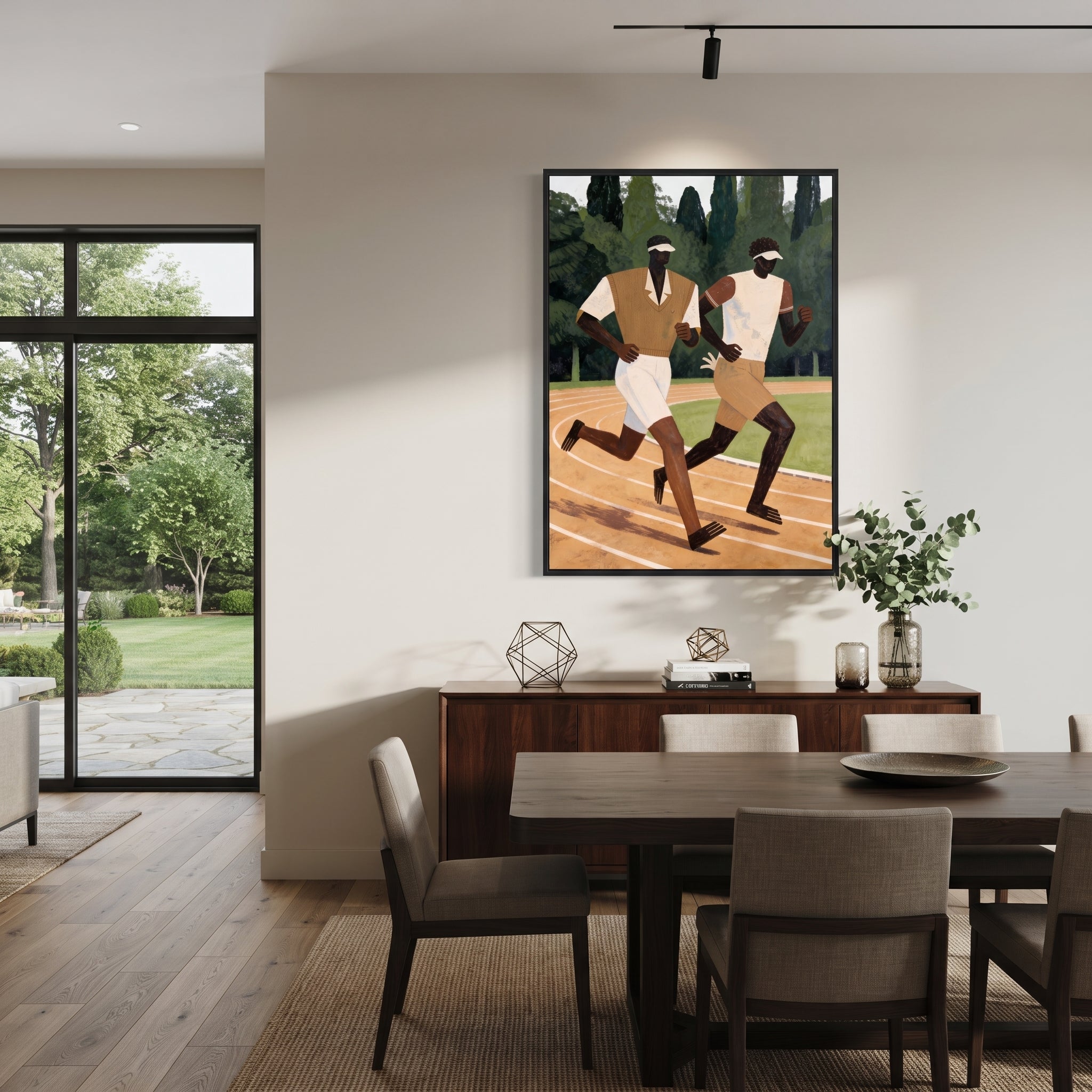 Two Runners Break Distance - two runners track painting by Elliot Vale, modern figurative vertical wall art – styled room scene view 4