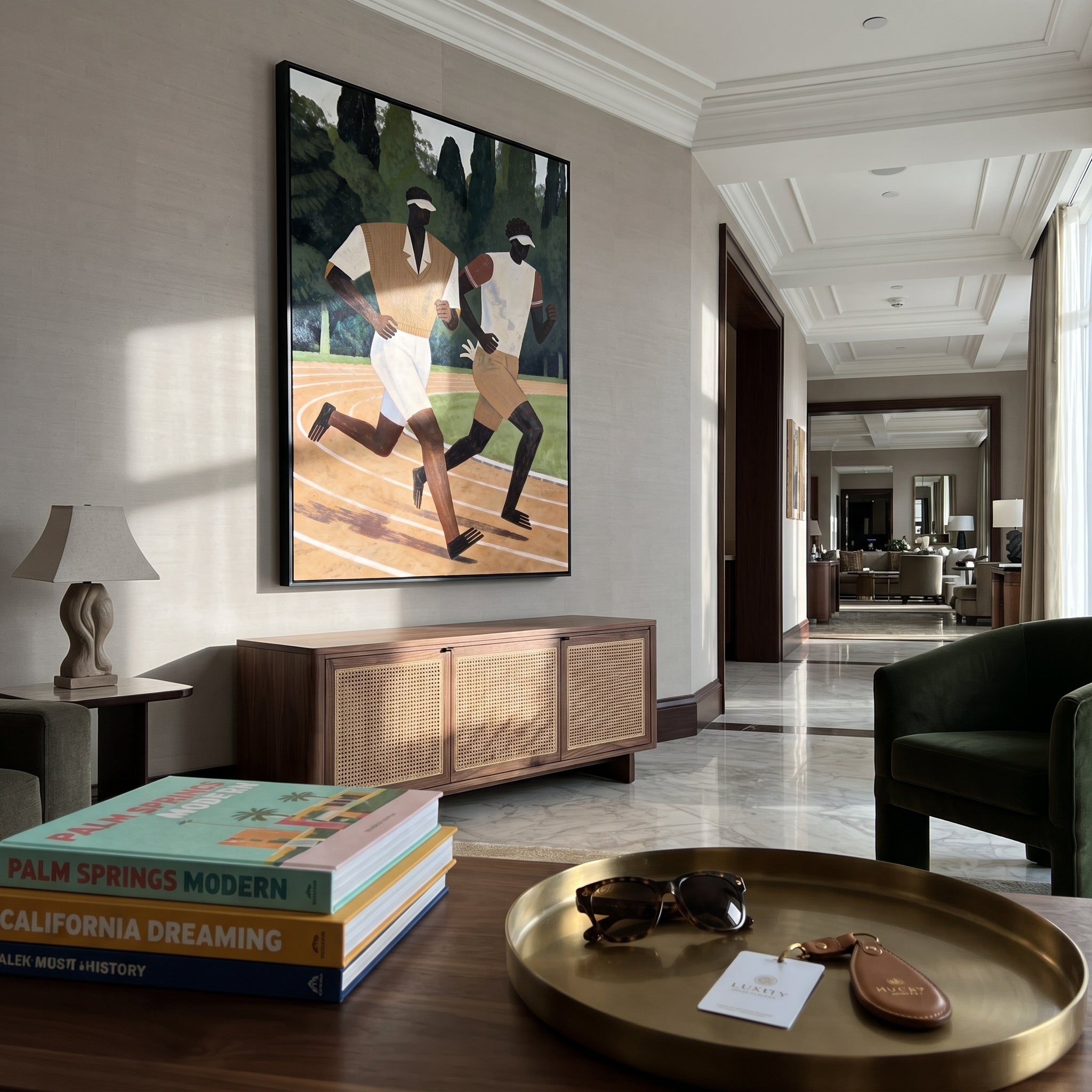 Two Runners Break Distance - two runners track painting by Elliot Vale, modern figurative vertical wall art – styled room scene view 5