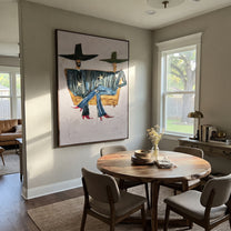 Star Coats Share Bench - seated star figure painting by Elliot Vale, modern figurative vertical wall art – styled room scene view 1