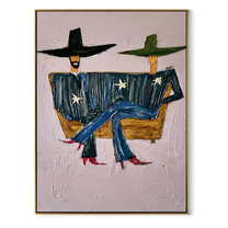 Star Coats Share Bench - seated star figure painting by Elliot Vale, modern figurative vertical wall art – wood frame on white background
