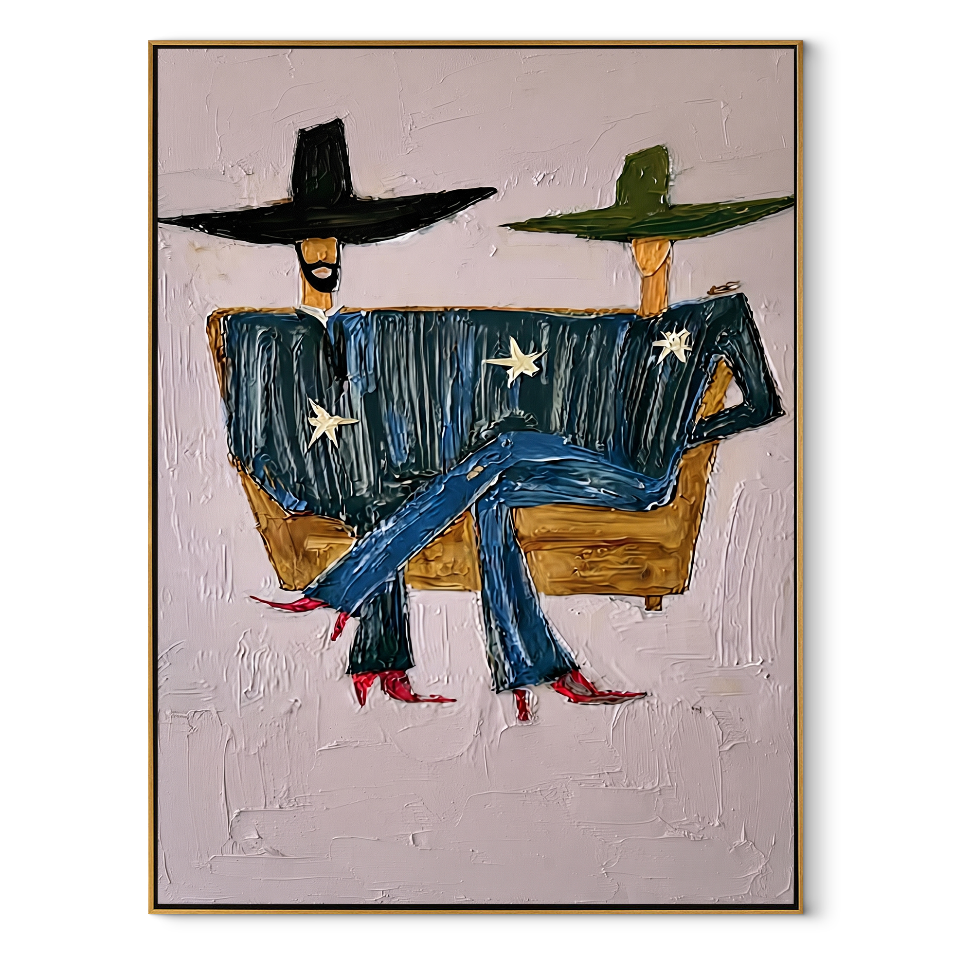 Star Coats Share Bench - seated star figure painting by Elliot Vale, modern figurative vertical wall art – wood frame on white background