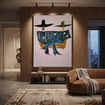 Star Coats Share Bench - seated star figure painting by Elliot Vale, modern figurative vertical wall art – styled room scene view 2