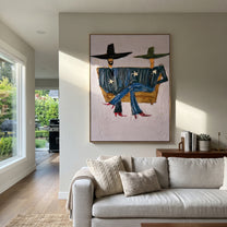 Star Coats Share Bench - seated star figure painting by Elliot Vale, modern figurative vertical wall art – styled room scene view 3
