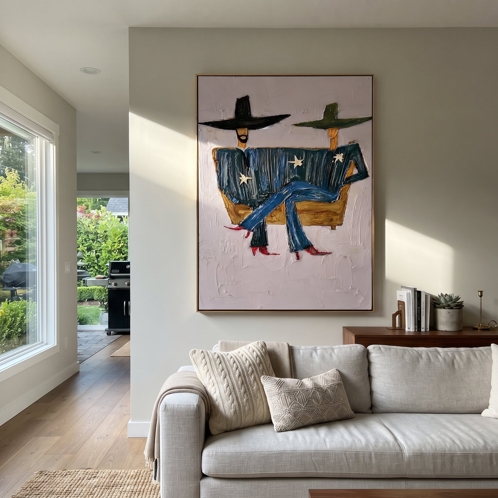 Star Coats Share Bench - seated star figure painting by Elliot Vale, modern figurative vertical wall art – styled room scene view 3