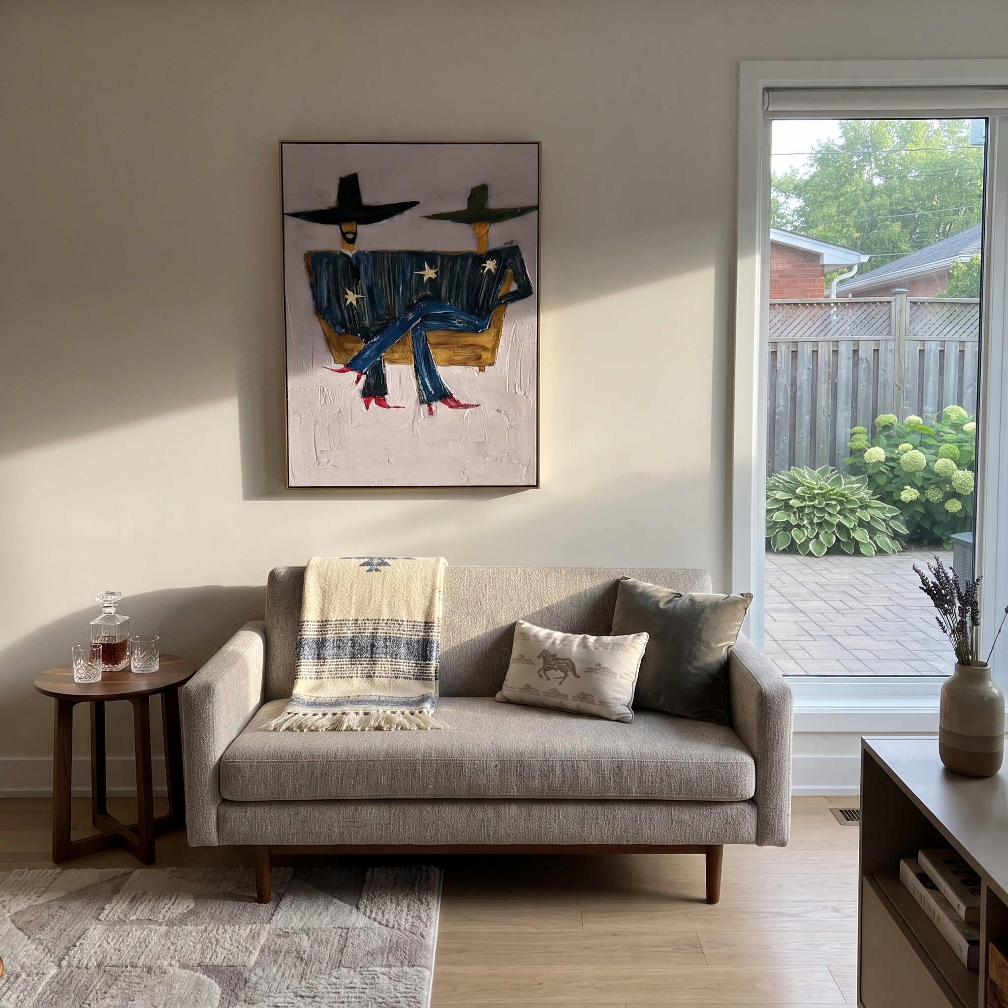 Star Coats Share Bench - seated star figure painting by Elliot Vale, modern figurative vertical wall art – styled room scene view 4