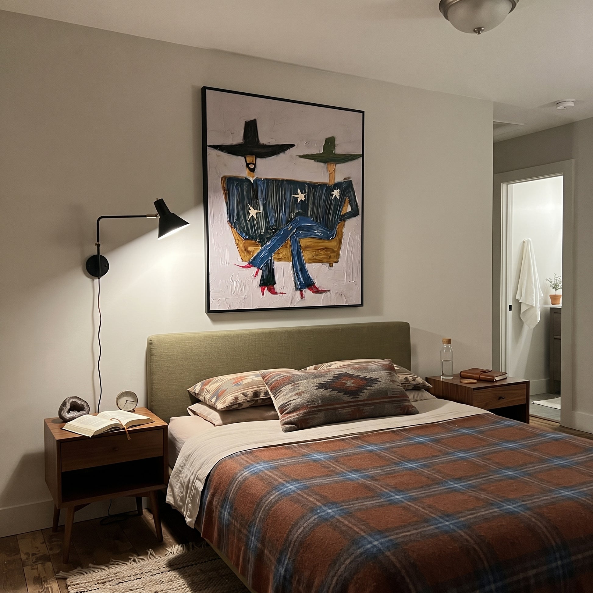 Star Coats Share Bench - seated star figure painting by Elliot Vale, modern figurative vertical wall art – styled room scene view 5