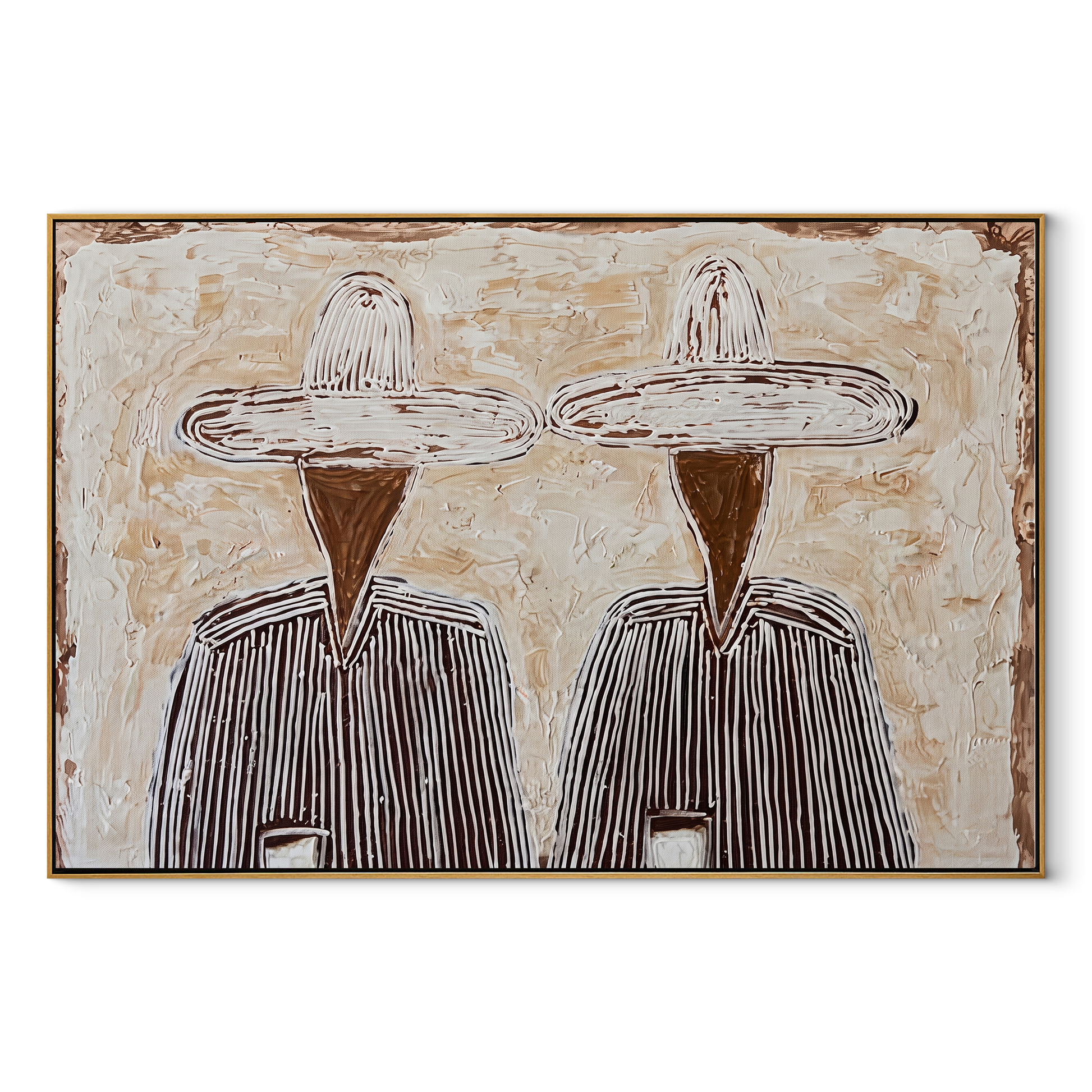 Black Stripes Guard Coffee - striped coffee pair painting by Elliot Vale, modern figurative horizontal wall art – wood frame on white background