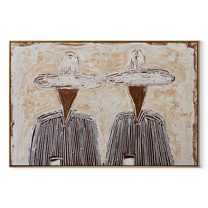 Black Stripes Guard Coffee - striped coffee pair painting by Elliot Vale, modern figurative horizontal wall art – wood frame on white background