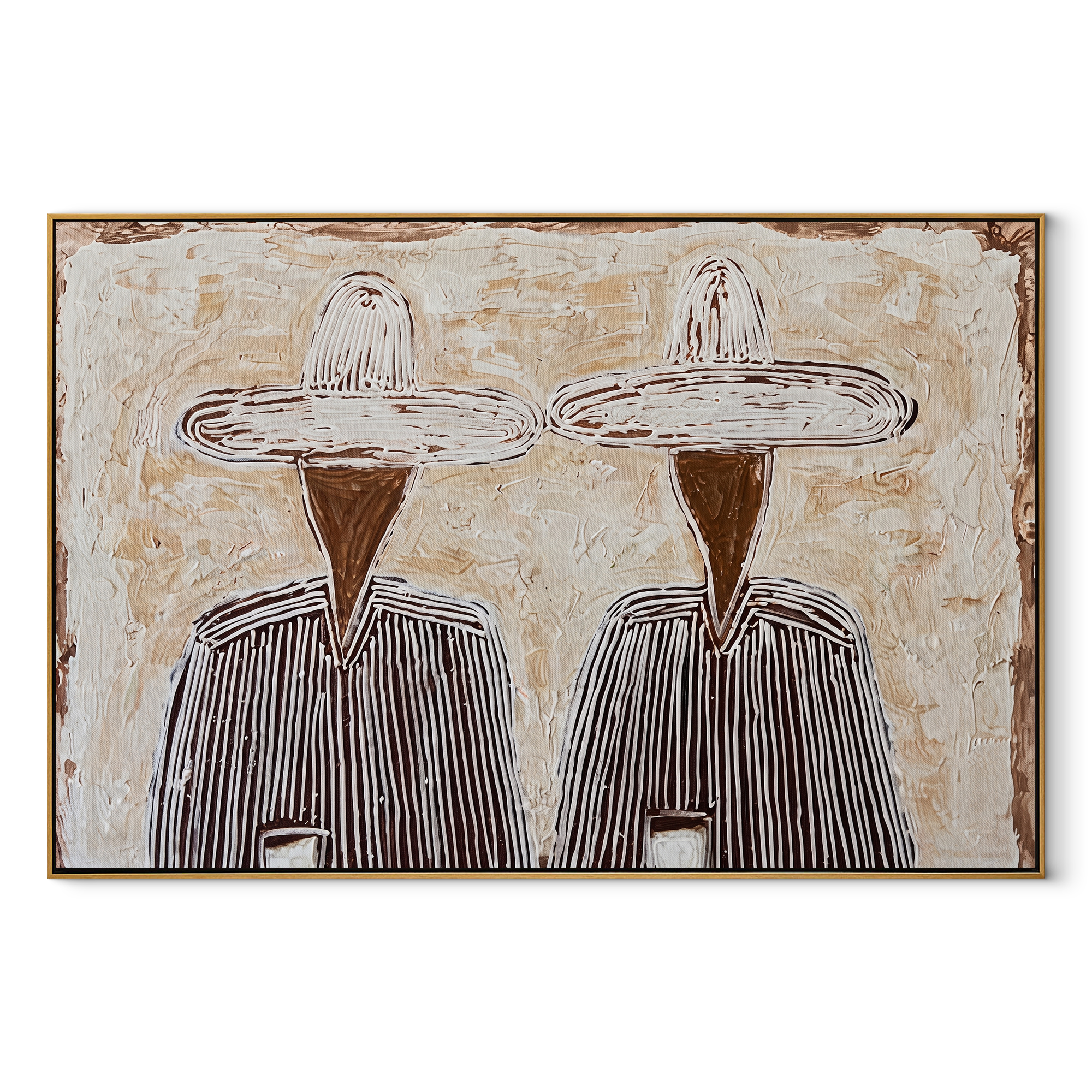 Black Stripes Guard Coffee - striped coffee pair painting by Elliot Vale, modern figurative horizontal wall art – wood frame on white background