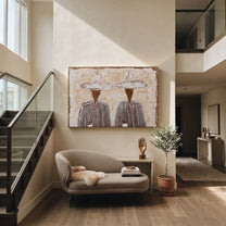 Black Stripes Guard Coffee - striped coffee pair painting by Elliot Vale, modern figurative horizontal wall art – styled room scene view 3