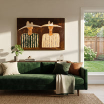 Green Stripes Meet Cream - striped hat figure painting by Elliot Vale, modern figurative horizontal wall art – styled room scene view 1