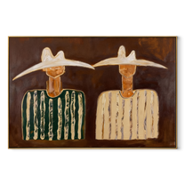 Green Stripes Meet Cream - striped hat figure painting by Elliot Vale, modern figurative horizontal wall art – wood frame on white background
