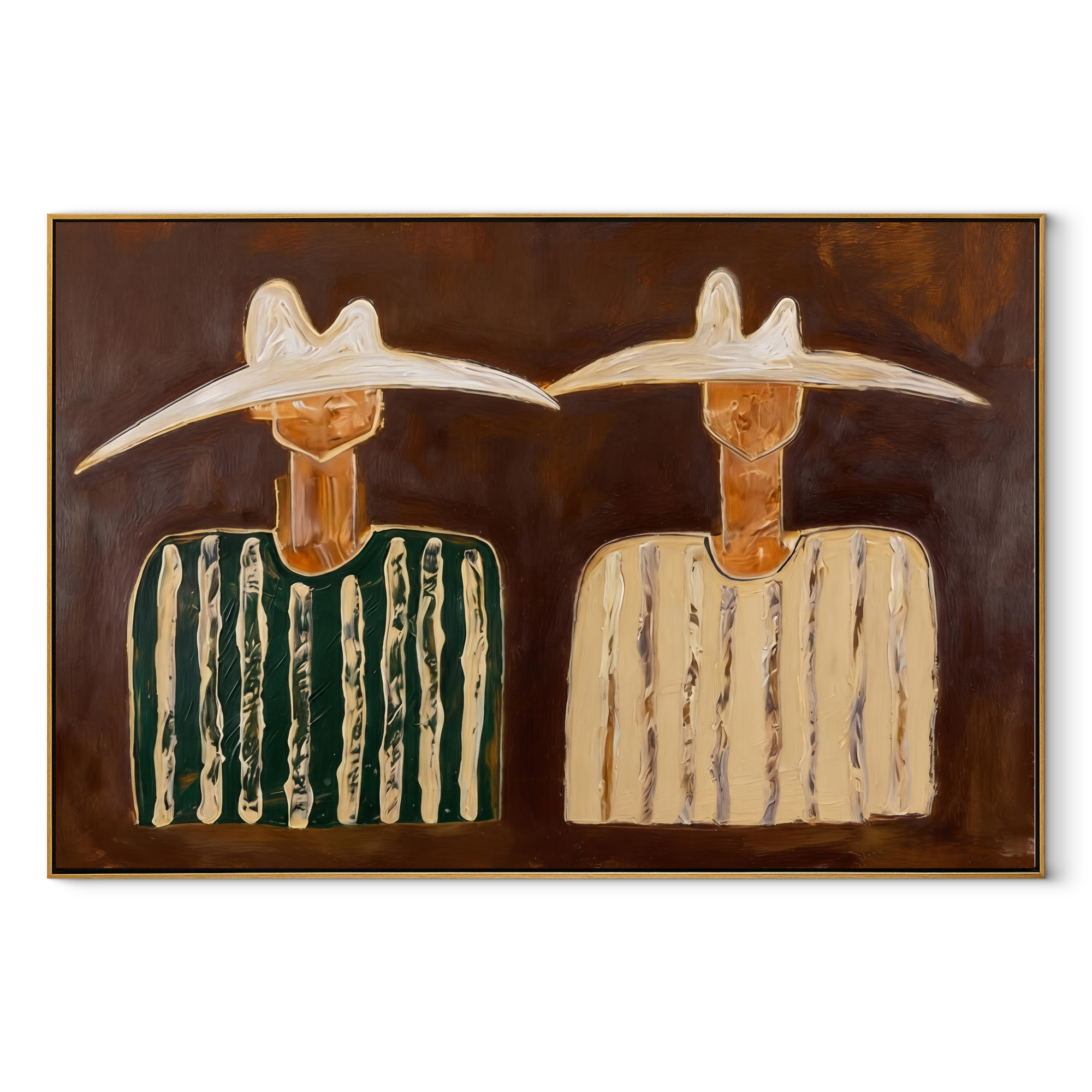 Green Stripes Meet Cream - striped hat figure painting by Elliot Vale, modern figurative horizontal wall art – wood frame on white background