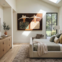 Green Stripes Meet Cream - striped hat figure painting by Elliot Vale, modern figurative horizontal wall art – styled room scene view 2