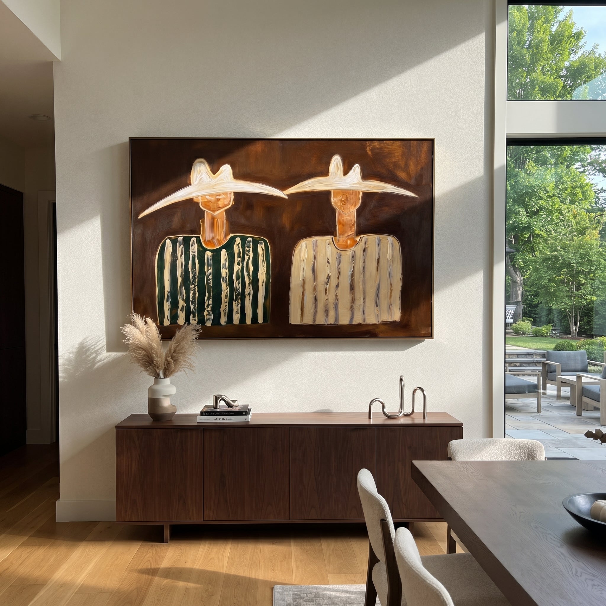 Green Stripes Meet Cream - striped hat figure painting by Elliot Vale, modern figurative horizontal wall art – styled room scene view 3
