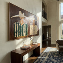 Green Stripes Meet Cream - striped hat figure painting by Elliot Vale, modern figurative horizontal wall art – styled room scene view 5
