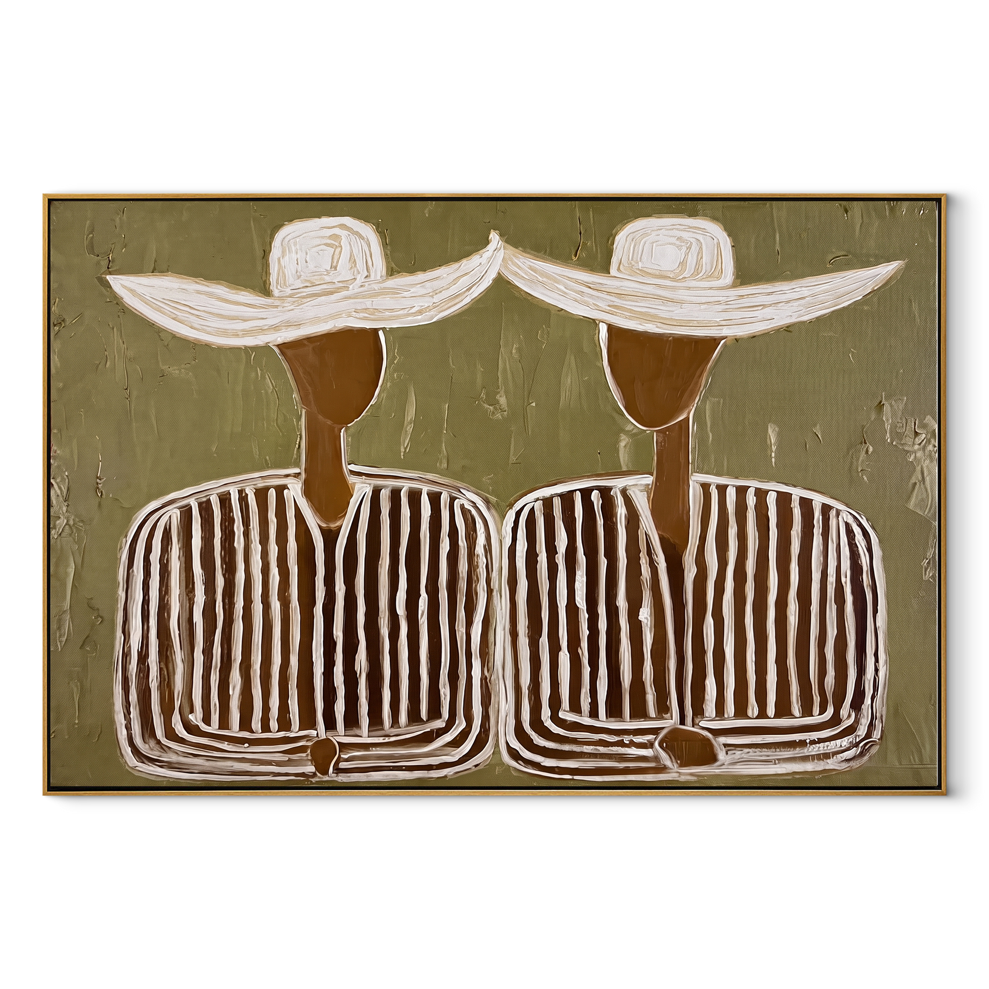 Wide Hats Join Silence - wide hat striped pair painting by Elliot Vale, modern figurative horizontal wall art – wood frame on white background
