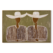 Wide Hats Join Silence - wide hat striped pair painting by Elliot Vale, modern figurative horizontal wall art – wood frame on white background