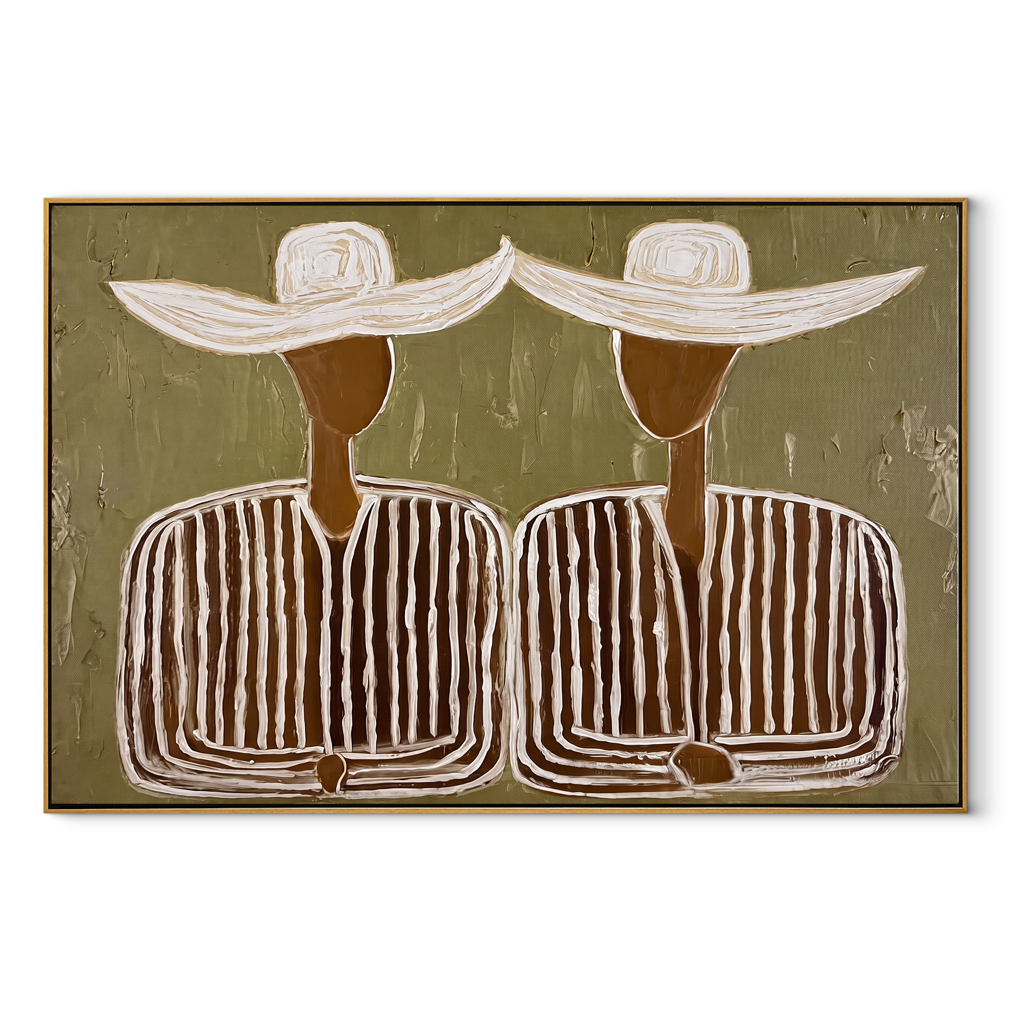 Wide Hats Join Silence - wide hat striped pair painting by Elliot Vale, modern figurative horizontal wall art – wood frame on white background