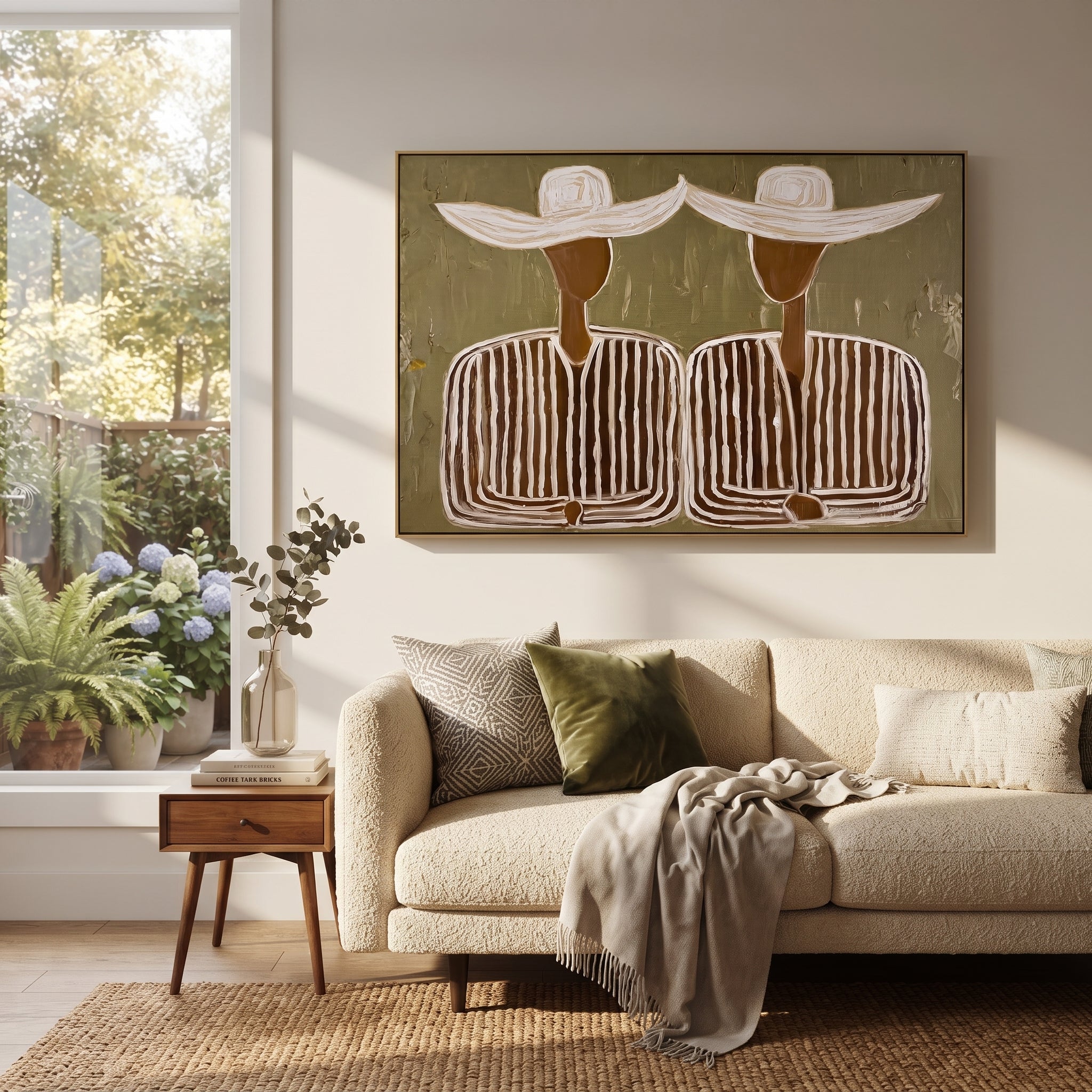 Wide Hats Join Silence - wide hat striped pair painting by Elliot Vale, modern figurative horizontal wall art – styled room scene view 2
