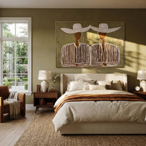 Wide Hats Join Silence - wide hat striped pair painting by Elliot Vale, modern figurative horizontal wall art – styled room scene view 3