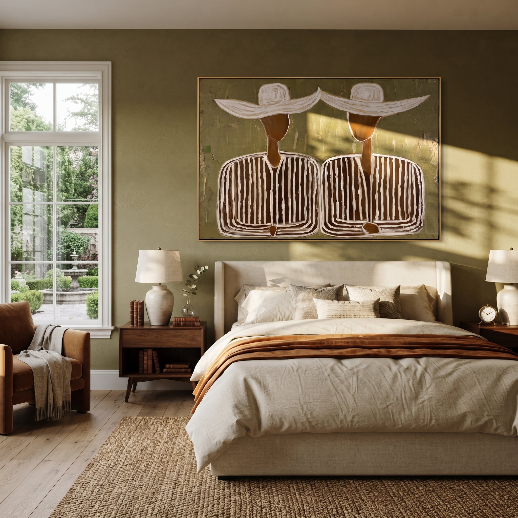 Wide Hats Join Silence - wide hat striped pair painting by Elliot Vale, modern figurative horizontal wall art – styled room scene view 3