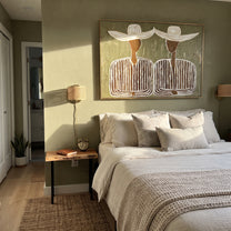 Wide Hats Join Silence - wide hat striped pair painting by Elliot Vale, modern figurative horizontal wall art – styled room scene view 5