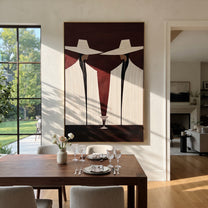 Martini Stands Between Ivory - white suit martini pair painting by Elliot Vale, modern figurative vertical wall art – styled room scene view 1
