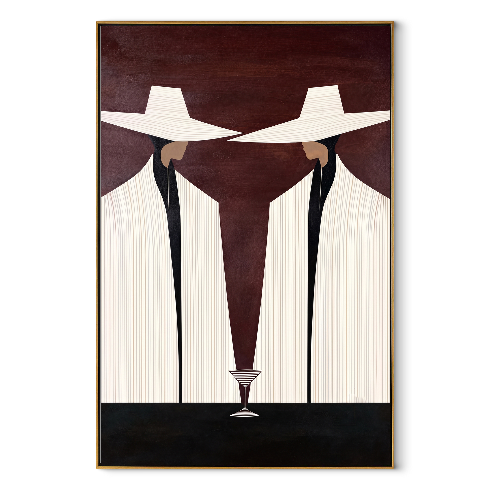 Martini Stands Between Ivory - white suit martini pair painting by Elliot Vale, modern figurative vertical wall art – wood frame on white background